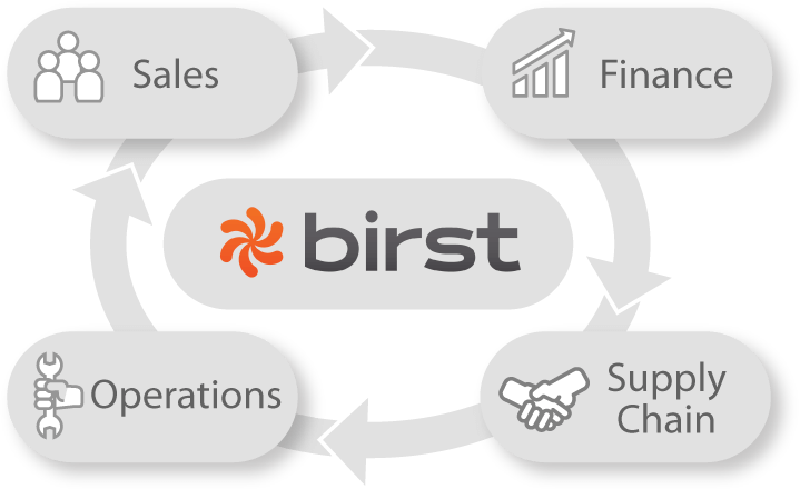 graphic showing Birst's connection to Sales, Finance, Operations and Supply Chain